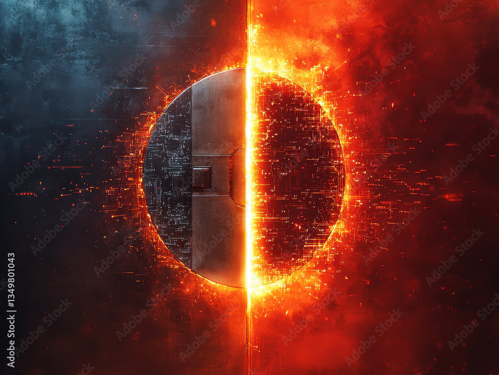 Poster contrast between classical and post-quantum encryption in a futuristic cyber-security landscape