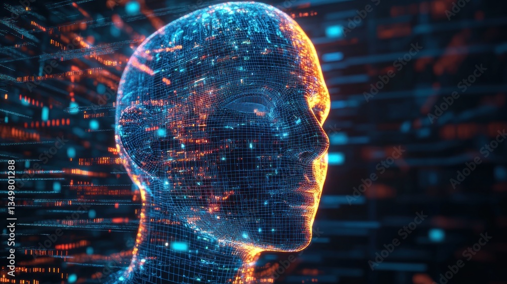 Aufkleber digital mind, 3d render of a human head constructed from data streams