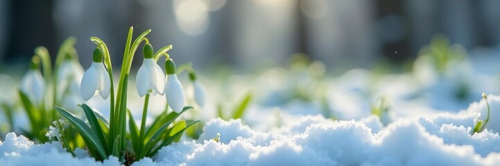 Close-up of delicate snowdrop flowers blooming in snowy forest, forest, Snowdrop, white