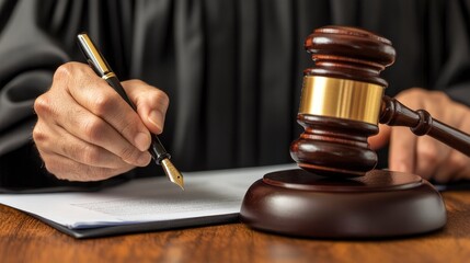 A judge in a courtroom signing legal documents with a gavel and pen on a wooden desk
