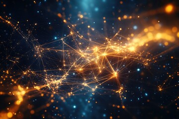 Electronic cosmic scene featuring glowing lights simulating stars, nebulae and galaxy clusters. Abstract digital background.