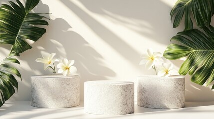 Minimalist beige podiums with tropical flowers and leaves