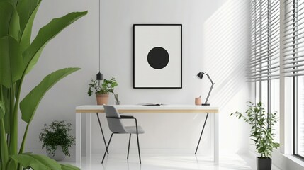 Minimalist Home Office with Black Circle Art