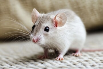 Adorable pet rat cautiously exploring a soft, textured surface