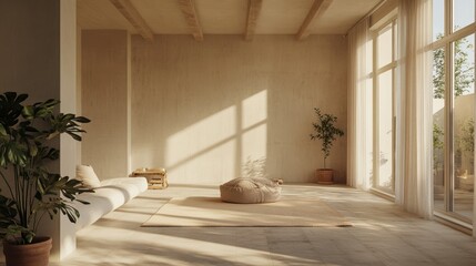 Minimalist living room, sunlight streams in