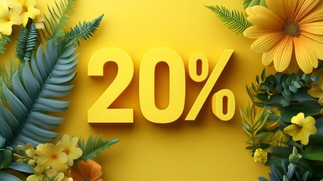 Vivid yellow 20 percent off discount surrounded by flowers and leaves
