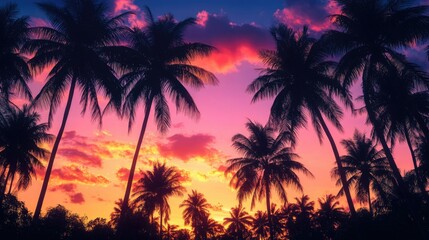 Palm trees silhouetted against vibrant sunset sky with pink and purple hues.