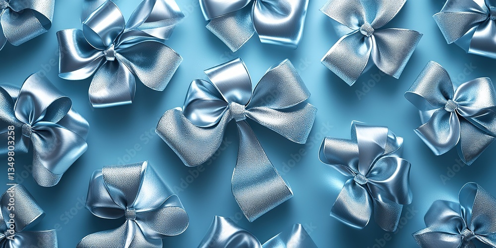 Poster beautiful blue satin bows arranged on a smooth surface create an elegant decorative display for vari
