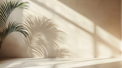 Fototapeta premium Serene Sunlight: Palm Shadow Play on Beige Wall