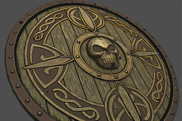 37 Bronze metallic shield, intricate ornate design, skull centerpiece, circular pattern, Celtic knotwork, ancient symbolism, detailed relief carving, medieval aesthetic, fantasy art, gothic emblem, my