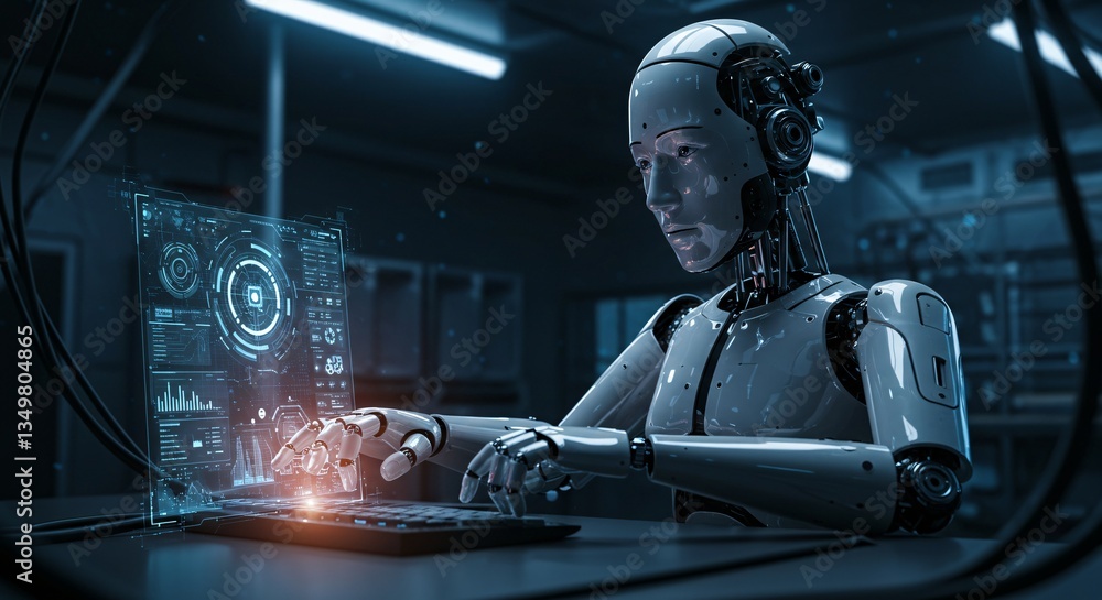 Aufkleber advanced ai robot working on futuristic laptop in high-tech lab