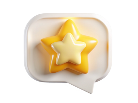 3D Rendered Glossy Stacked Stars Icon with Speech Bubble Base, Soft Lighting Effects