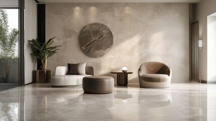 Modern Beige Living Area with Circular Artwork