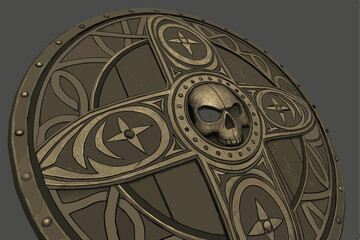 37 Bronze metallic shield, intricate ornate design, skull centerpiece, circular pattern, Celtic knotwork, ancient symbolism, detailed relief carving, medieval aesthetic, fantasy art, gothic emblem, my