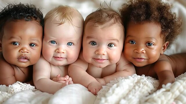 Joyful gathering of adorable babies with diverse features enjoying playtime on a soft blanket