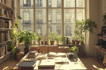 Fototapeta premium Cozy indoor workspace filled with books and plants, sunlight streaming through large windows