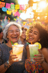 Multi-generation women enjoying cocktails at a vibrant outdoor party