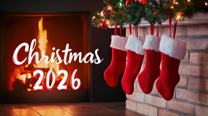 Christmas 2026 Fireplace and Stockings - Festive Christmas scene with stockings hanging from a fireplace mantel, warm fire glowing, and "Christmas 2026" text overlay