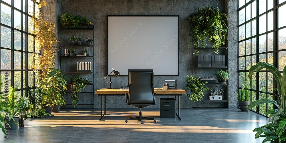Poster modern office space with large windows and greenery promoting a calm working environment