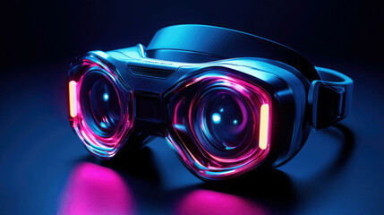 Close-up of futuristic VR headset with glowing lenses, placed on a matte black background