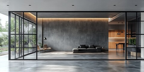 Modern interior design featuring spacious living area with large windows and minimalist furniture in a serene setting