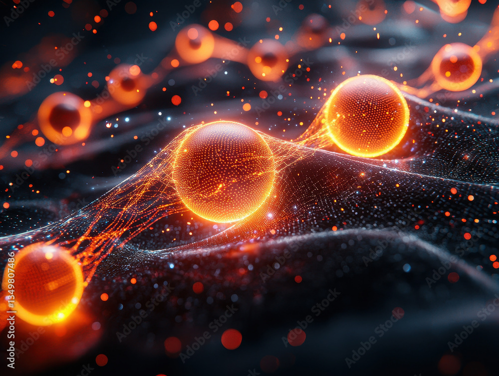 Poster exploring qubit entanglement in a quantum-secured digital realm with glowing spheres