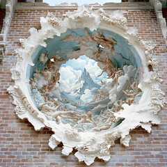Intricate White and Blue Relief Sculpture on Brick Wall