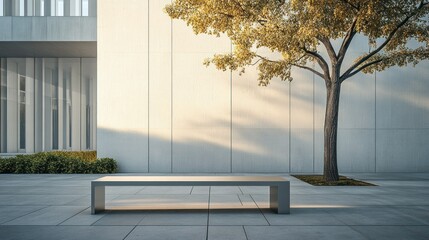 Modern bench outdoors, urban plaza, light