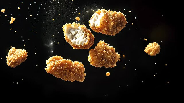 Several fried chicken pieces are floating in the air. Black and white chicken nuggets on a white background. A flight light glares at the crumbs. A number of fried chicken pieces are lifestyle.
