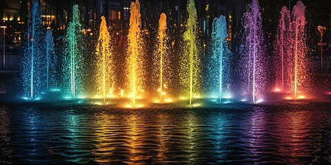 Colorful water fountain display illuminating a night cityscape with vibrant hues