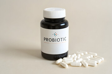 Professional Grade Probiotics in Dark Container with White Capsules, Digestive Wellness Concept
