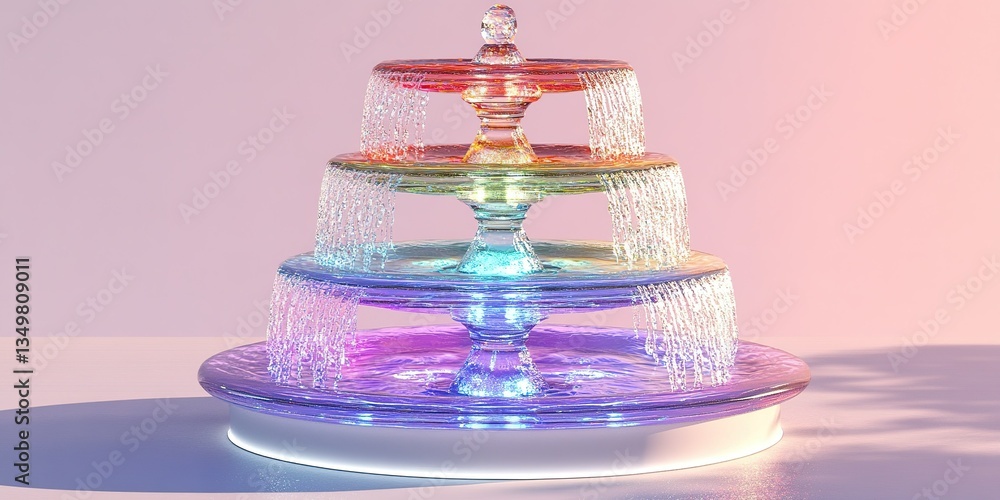 Poster water fountain with colorful tiers illuminated in soft light creates a serene atmosphere in a tranqu