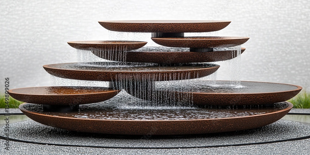 Poster water feature with layered bowls cascading in a tranquil garden setting during daylight hours