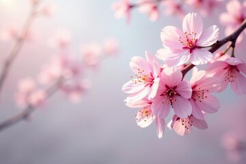 Delicate pink cherry blossoms, full bloom, soft pastel background, art, texture