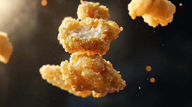 Several fried chicken pieces are floating in the air. Black and white chicken nuggets on a white background. A flight light glares at the crumbs. A number of fried chicken pieces lifestyle are.
