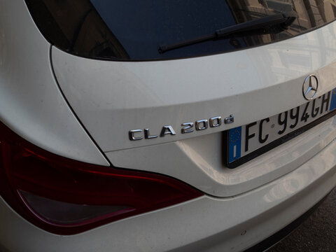 Cremona, Italy March 15th 2025 Mercedes Benz CLA 200d showing its rear and logo