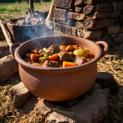 Clay Pot Slow-Cooked Stew in a Rural Village

