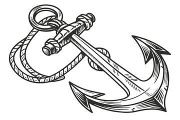 39 Vintage anchor illustration, detailed metallic texture, black and white, high contrast, weathered appearance, nautical symbol, heavy iron design, maritime emblem, intricate engraving style, antique