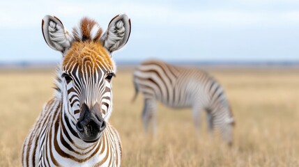 Naklejka premium Close-up of a zebra foal in a field. Two zebras are visible in the background