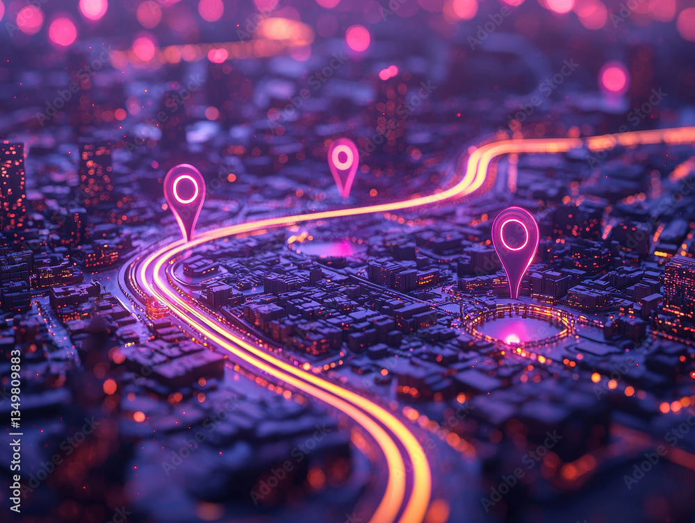 Poster futuristic 3d navigation map with glowing checkpoints in a modern cityscape perspective