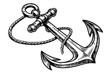39 Vintage anchor illustration, detailed metallic texture, black and white, high contrast, weathered appearance, nautical symbol, heavy iron design, maritime emblem, intricate engraving style, antique