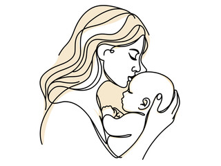 Mother's Day vector illustration. Mother and baby stylized vector symbol, mom hugs her child logo template. Woman hold her baby line art for cards, posters banner design. Mommy Continuous Line Drawing