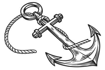 39 Vintage anchor illustration, detailed metallic texture, black and white, high contrast, weathered appearance, nautical symbol, heavy iron design, maritime emblem, intricate engraving style, antique