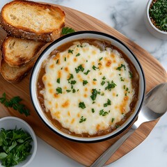 Creamy French onion soup, toasted bread, marble background, food photography, recipe
