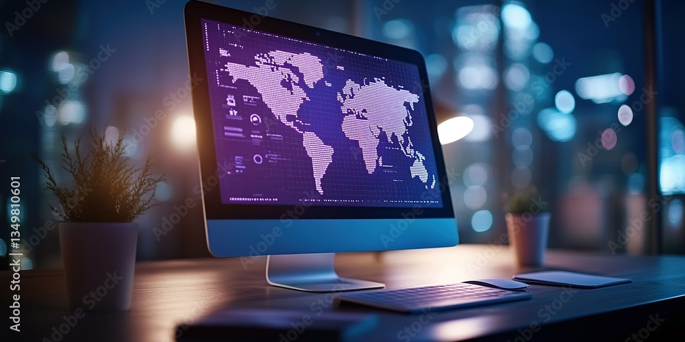 Poster modern workspace with computer display showing world map at night in a city