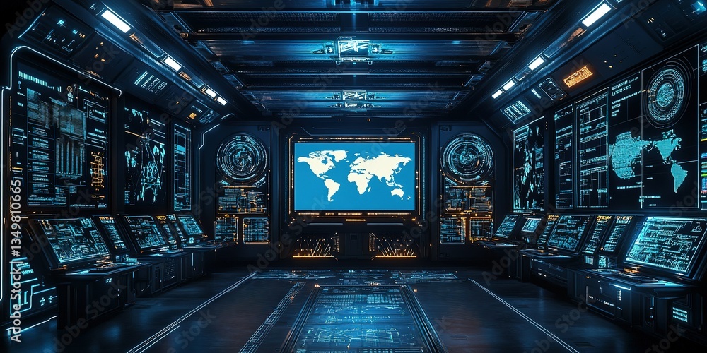 Poster high-tech control room featuring advanced monitors and interactive displays in a futuristic setting