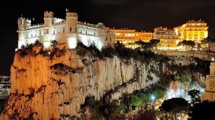 Illuminated castle on clifftop at night, Monaco