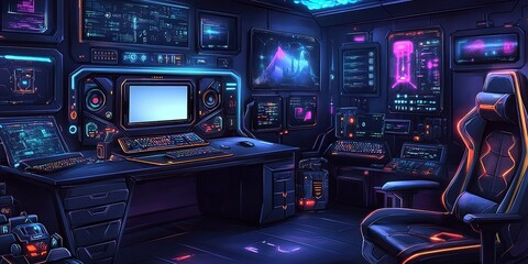 Futuristic gaming room with advanced technology and vibrant lighting for immersive experiences