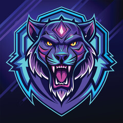 Neon Blue Cyber Lion Head Mascot Logo for Futuristic Gaming