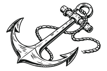 39 Vintage anchor illustration, detailed metallic texture, black and white, high contrast, weathered appearance, nautical symbol, heavy iron design, maritime emblem, intricate engraving style, antique